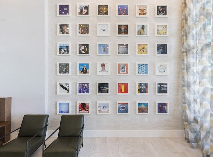 Lounge with vintage record albums on the wall